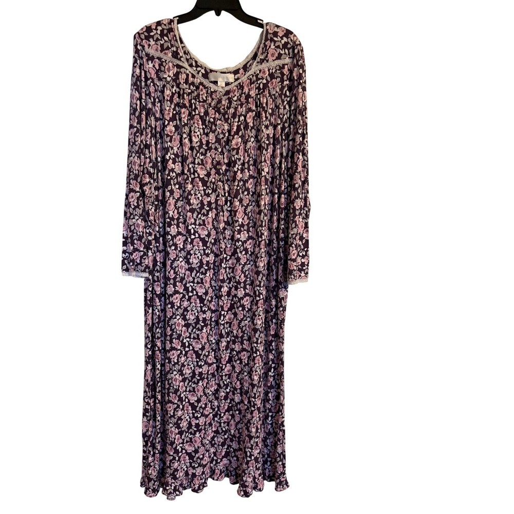 Eileen West Womens 2X Floral Modal Nightgown Long Sleeve Lace Trim‎ Purple Pink